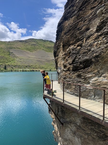 Checking out the view from the cantilevers on the Lake Dunstan trail